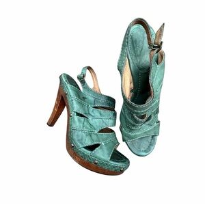 Frye Teal Green Leather Platform Heels | Cutout Sandals | Wood Heel Size 11